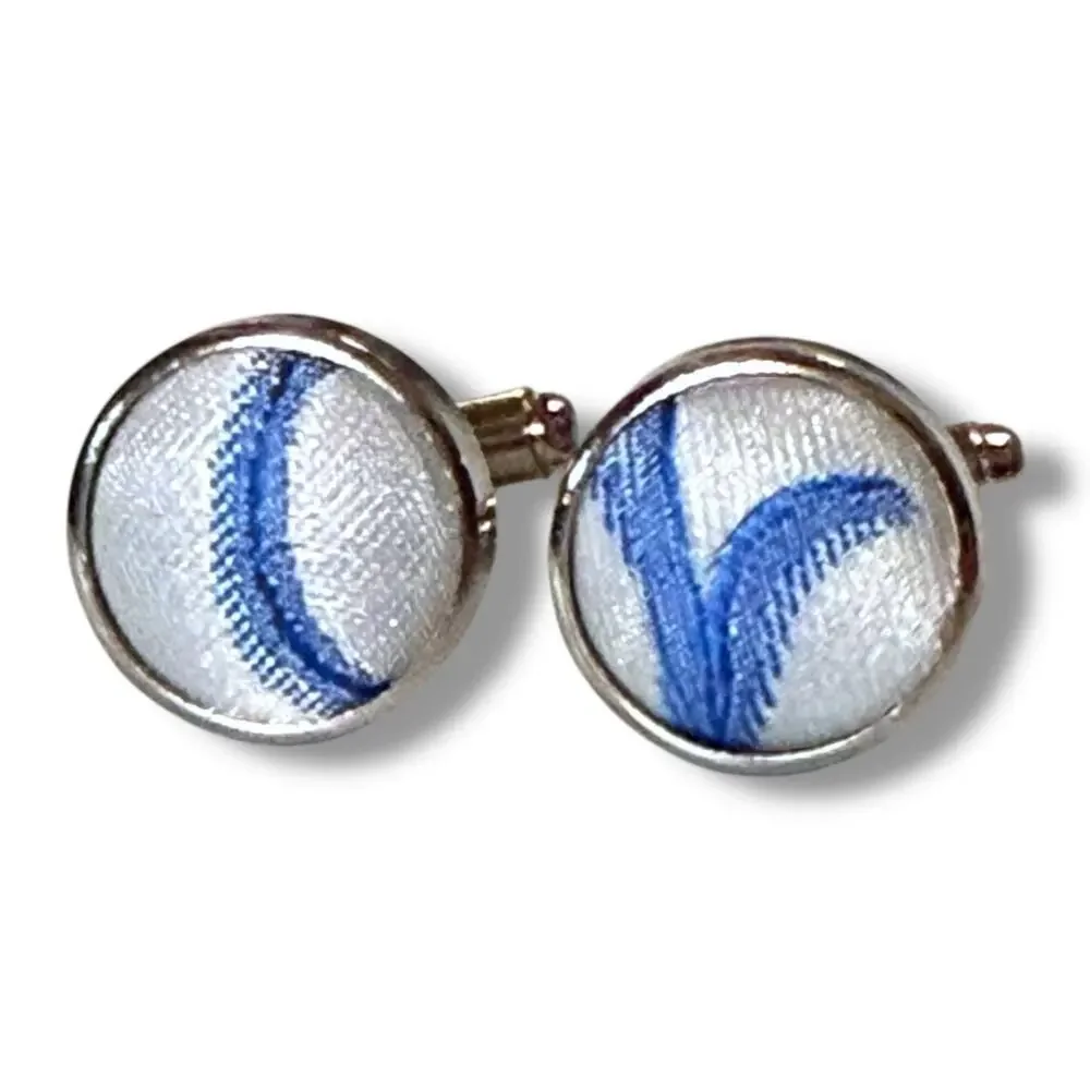 Silver Tone and Satin Wave Cufflinks Mens Blue and White Formal Preppy Wedding